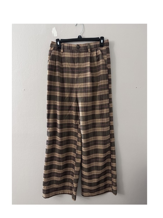 Versona Pants - Versona Plaid Trousers Brown, Tan & Pink Accent wide leg with elastic waistband